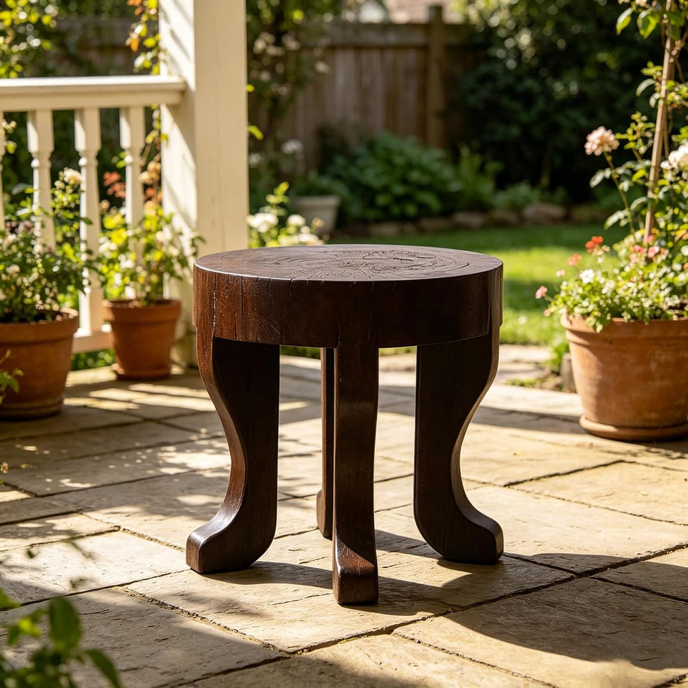 Rustic Round Wooden End Table, 13.5" H Dark Brown Solid Wood Accent Side...