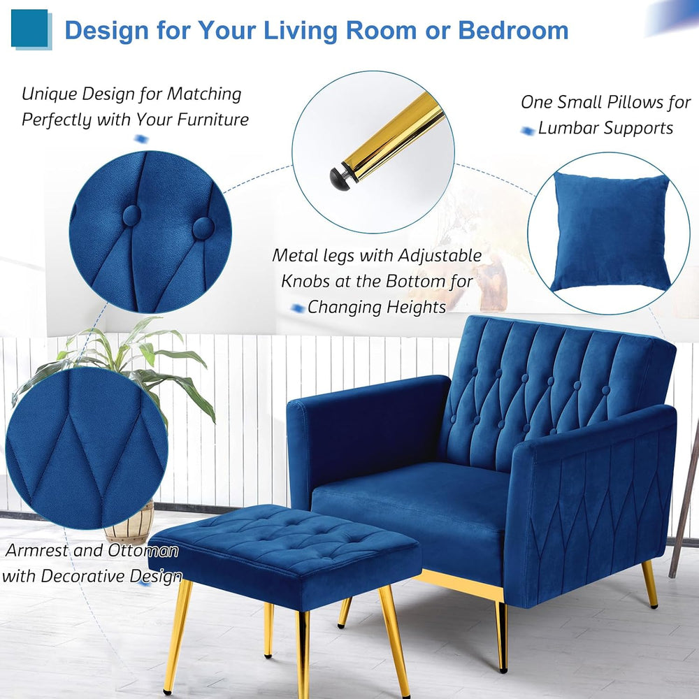 2 Pieces Velvet Sofa Set with Adjustable Armrest and Backrests, Blue | 70” Co...