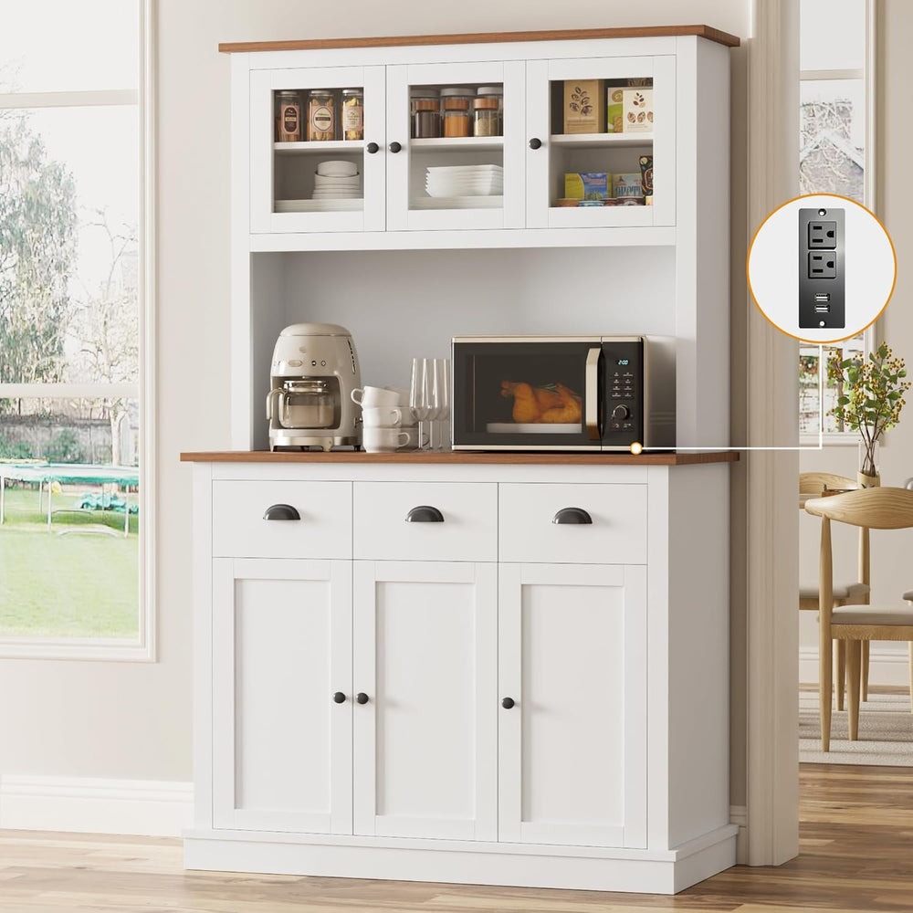 71" Kitchen Hutch with Charging Station, Tall Pantry Storage Cabinet wit...