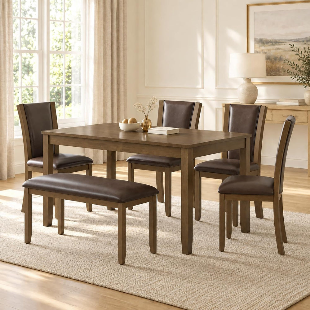 6-Piece Dining Table Set with Bench & 4 Chairs, Solid Wood, Dark Walnut