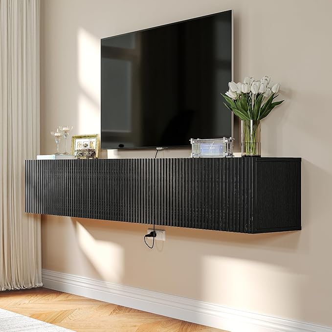Floating TV Stand with 3 Doors, 55IN Wall Mounted TV Cabinet, Floating Media Console Entertainment Center with Storage, Under TV Shelf for Bedroom Living Room,Black
