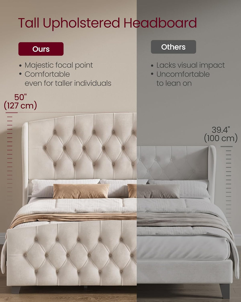 VASAGLE Queen Platform Bed Frame, Upholstered, Wooden Slats