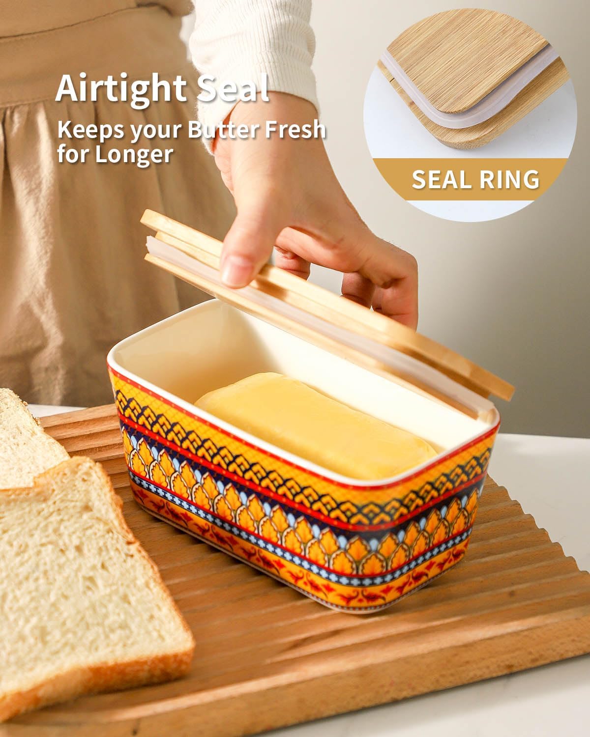 Hasense Bohemian Butter Dish, Farmhouse Ceramic Butter Dish with Lid for Fridge, Butter Container Holder with Cover or Fridge,Silicone Sealing, Holds Two Sticks of Butter, Yellow