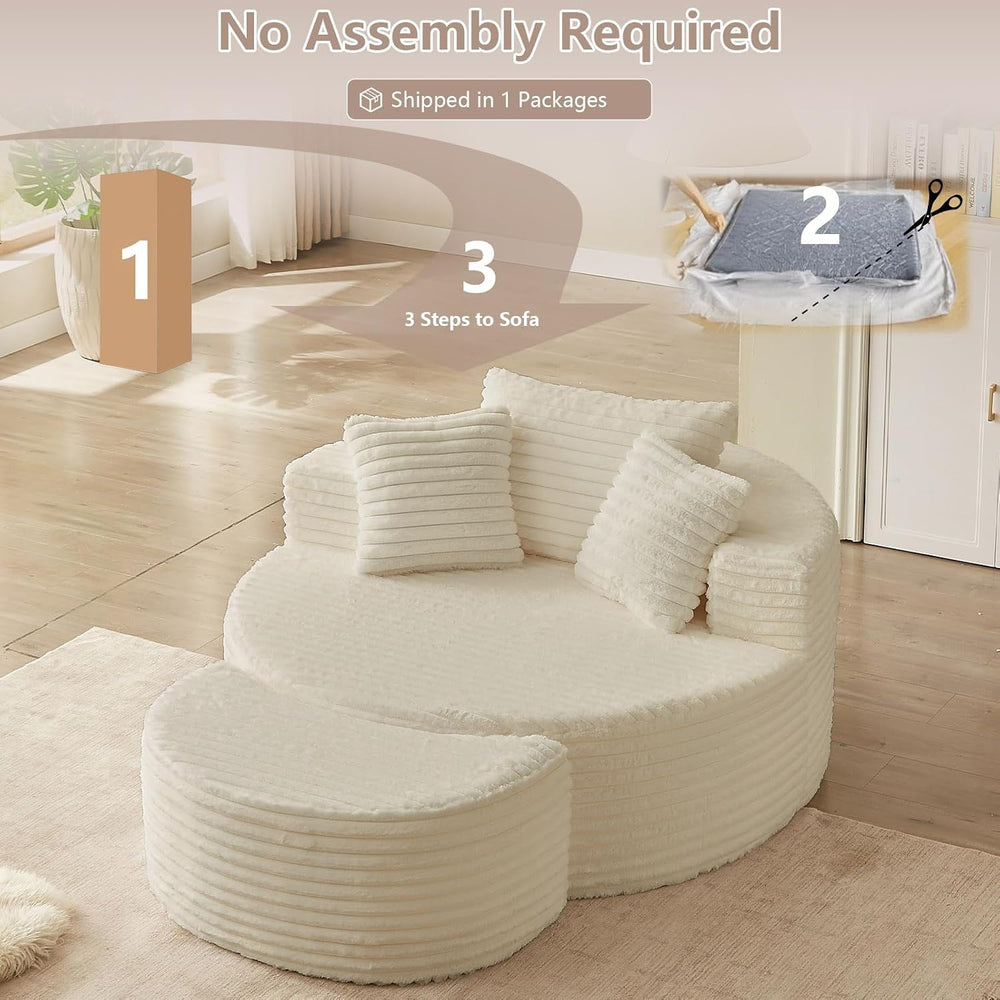 74.6" Oversized Round Chaise Lounge Chair with Ottoman Indoor, Fluffy Up...