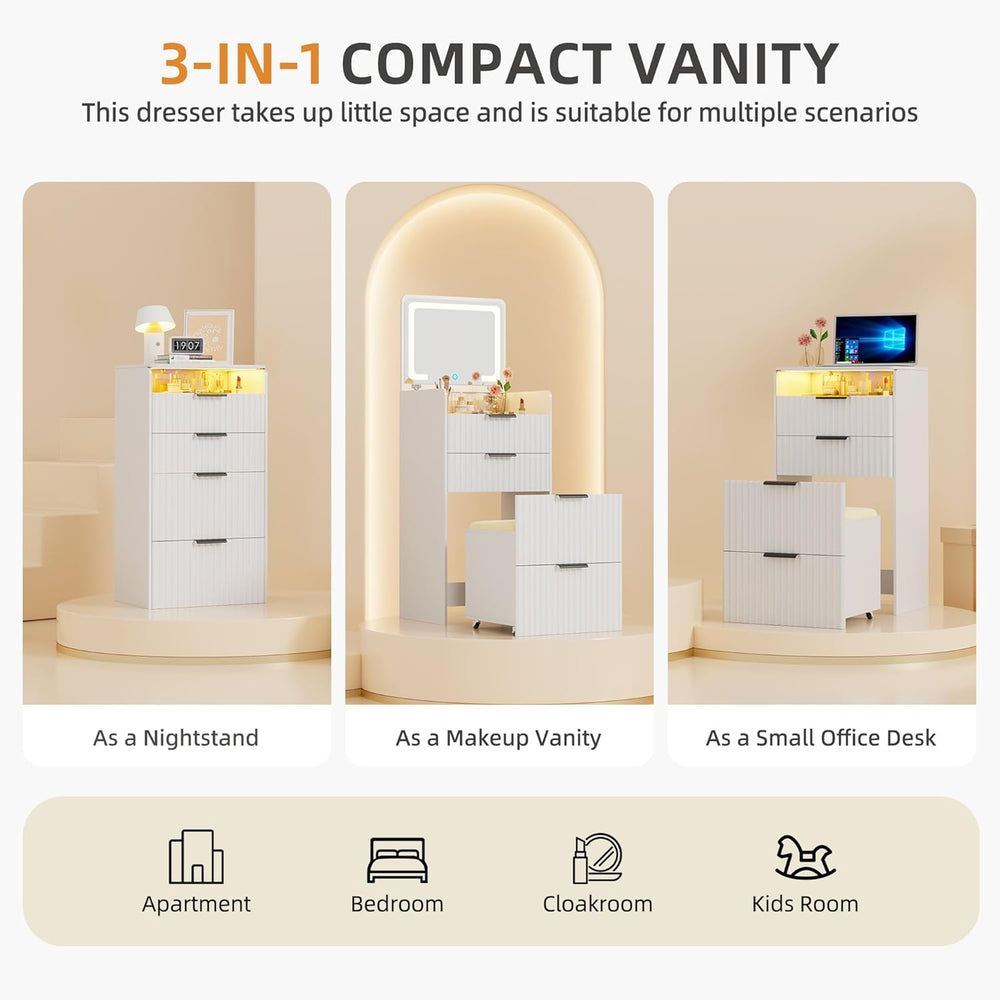 Small Vanity Desk with Mirror and Lights, 3-in-1 Compact Vanity Table | Chair...
