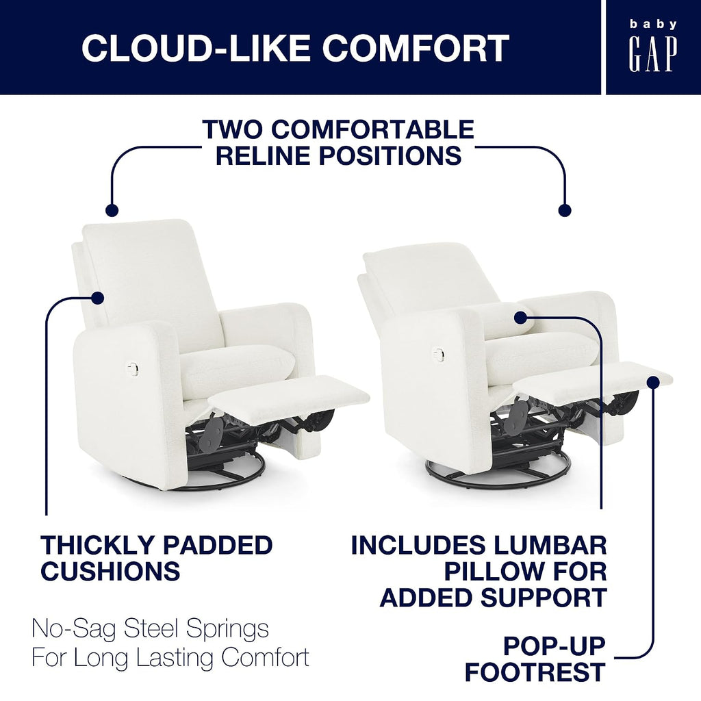 Delta Children - babyGap Cloud Recliner, Performance Fabric, White Boucle | Power Recliner with Swivel & Glide, Features Stain-Resistant Fabric, Cozy Boucle Fabric & Includes a Lumbar Pillow