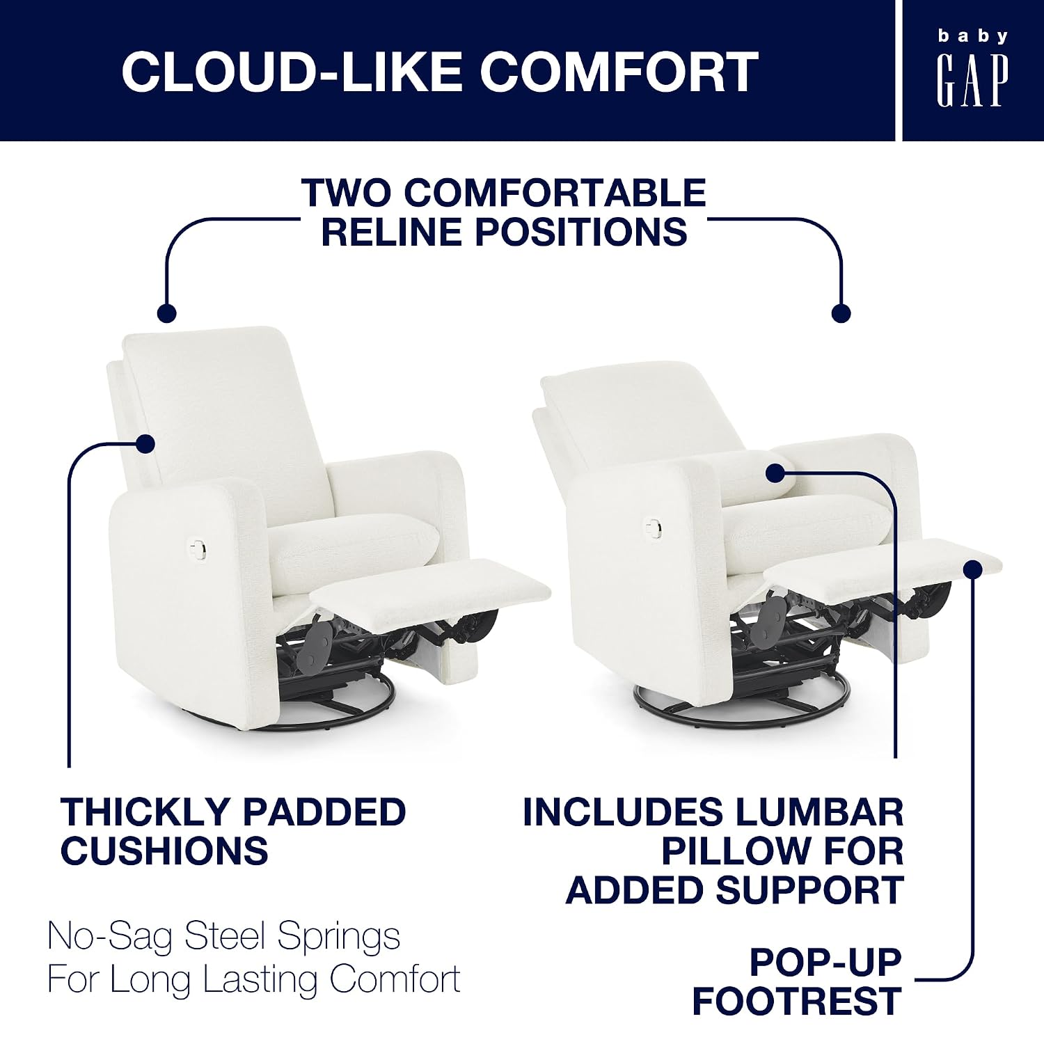 Delta Children - babyGap Cloud Recliner, Performance Fabric, White Boucle | Power Recliner with Swivel & Glide, Features Stain-Resistant Fabric, Cozy Boucle Fabric & Includes a Lumbar Pillow