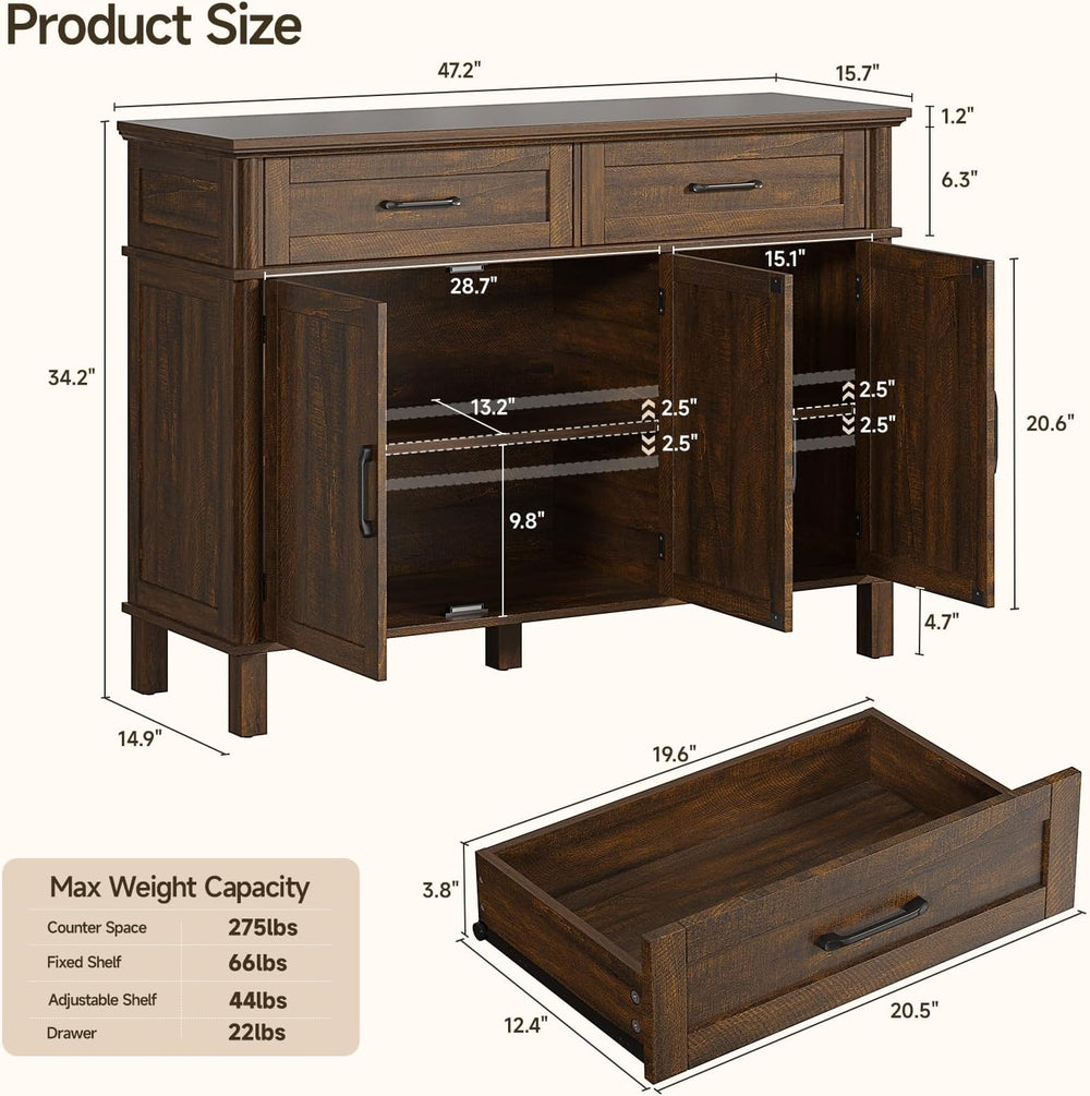 48 Inch Sideboard Buffet Cabinet with Storage, Farmhouse Coffee Bar Cabinet w...