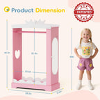 Kids Dress Up Wardrobe with Light-Up Full-Length Mirror & Jewelry Cabinet, Wooden Princess Pretend Play Armoire Closet with Crown Top and Storage for Girls Room (Pink)
