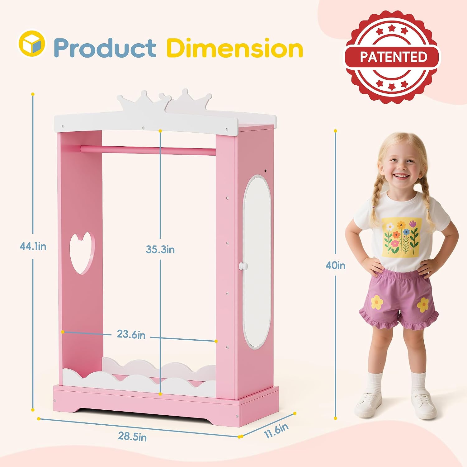 Kids Dress Up Wardrobe with Light-Up Full-Length Mirror & Jewelry Cabinet, Wooden Princess Pretend Play Armoire Closet with Crown Top and Storage for Girls Room (Pink)