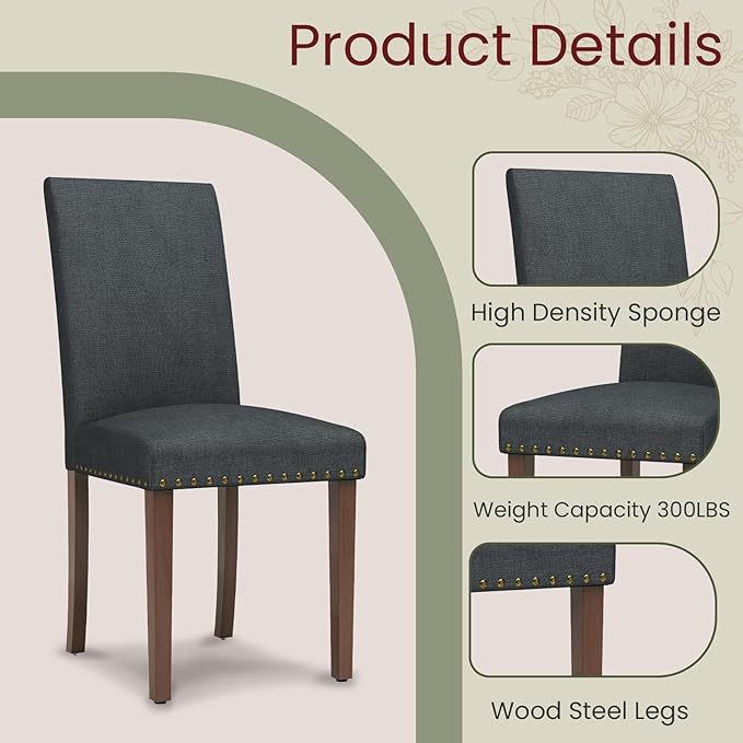 TLSUNNY Upholstered Dining Chairs Set of 2/4, Tufted Parsons Design with Nail Head Trim, Solid Wood Legs and Padded Seat, Comfortable Fabric for Dining Room, Kitchen (Gray, Set of 2)