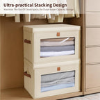 Large Closet Storage Bins - Collapsible Clothing Organizer with Handles & Window, Decorative Bin with Lids, Linen Closet Organizers for Living Room, Dorm, 6 Pack, Beige