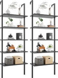 Flamaker 5-Tier Bookshelf Wall Mount Ladder Bookcase Industrial Standing Corner Bookshelf with Wood Board and Metal Frame, Modern Tall Narrow Storage Organizer for Home Office (Black, 2 piece)