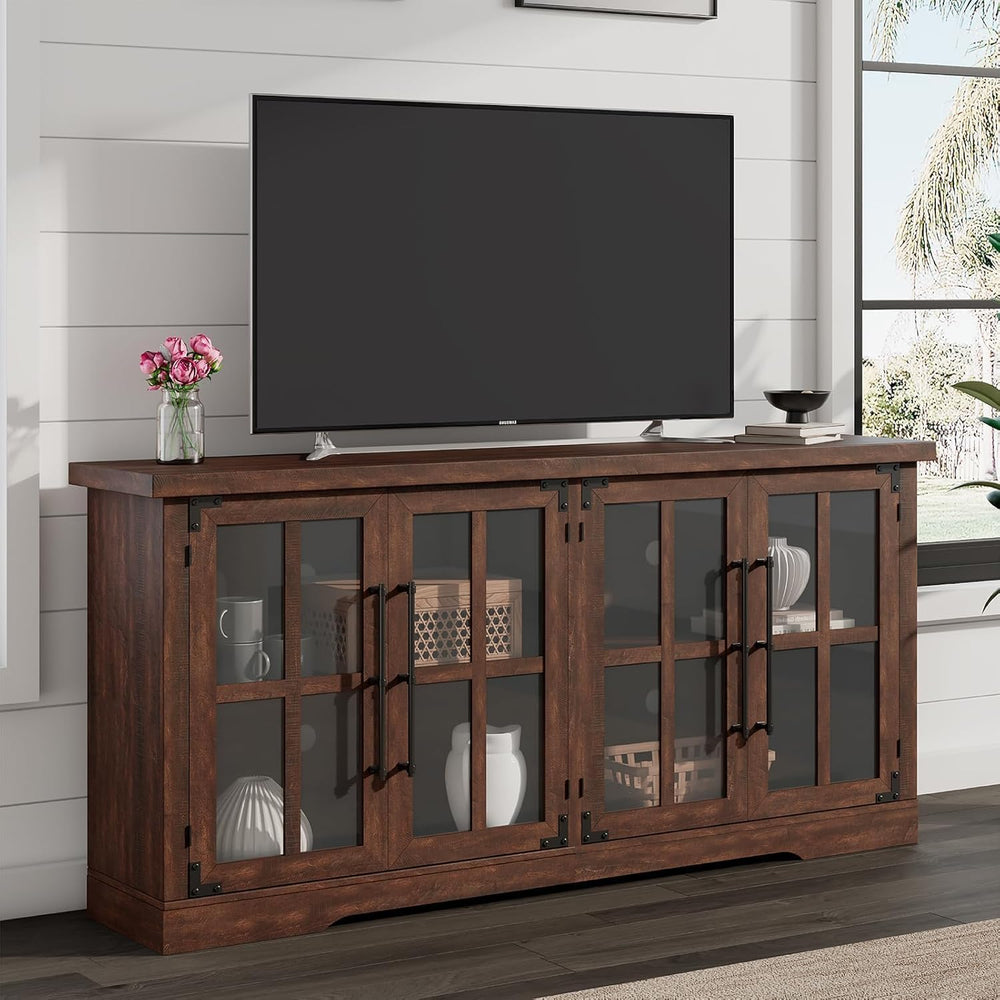 LUXOAK 63" Farmhouse TV Stand with 4 Glass Doors and Storage, Espresso |...