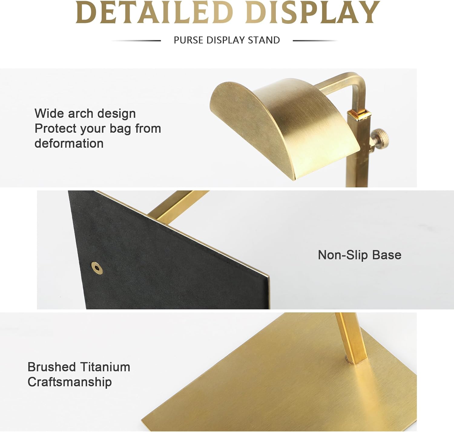 Purse Display Stand Adjustable Height Gold Purse Rack for Handbags Necklaces Scarves Hats & Headphones 14" - 24" Purse Hanger Shelf for Retail Display
