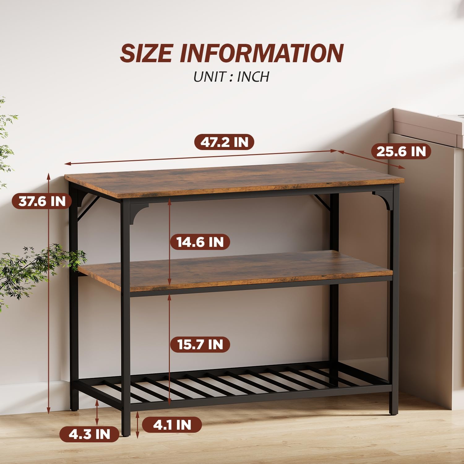 PayLessHere 3 Tiers Kitchen Island 47.2 Inches Width Storage Counter with Large Storage Space Thick Board Top Solid Structure Shelf for Home Kitchen Restaurant Cafe (Brown)