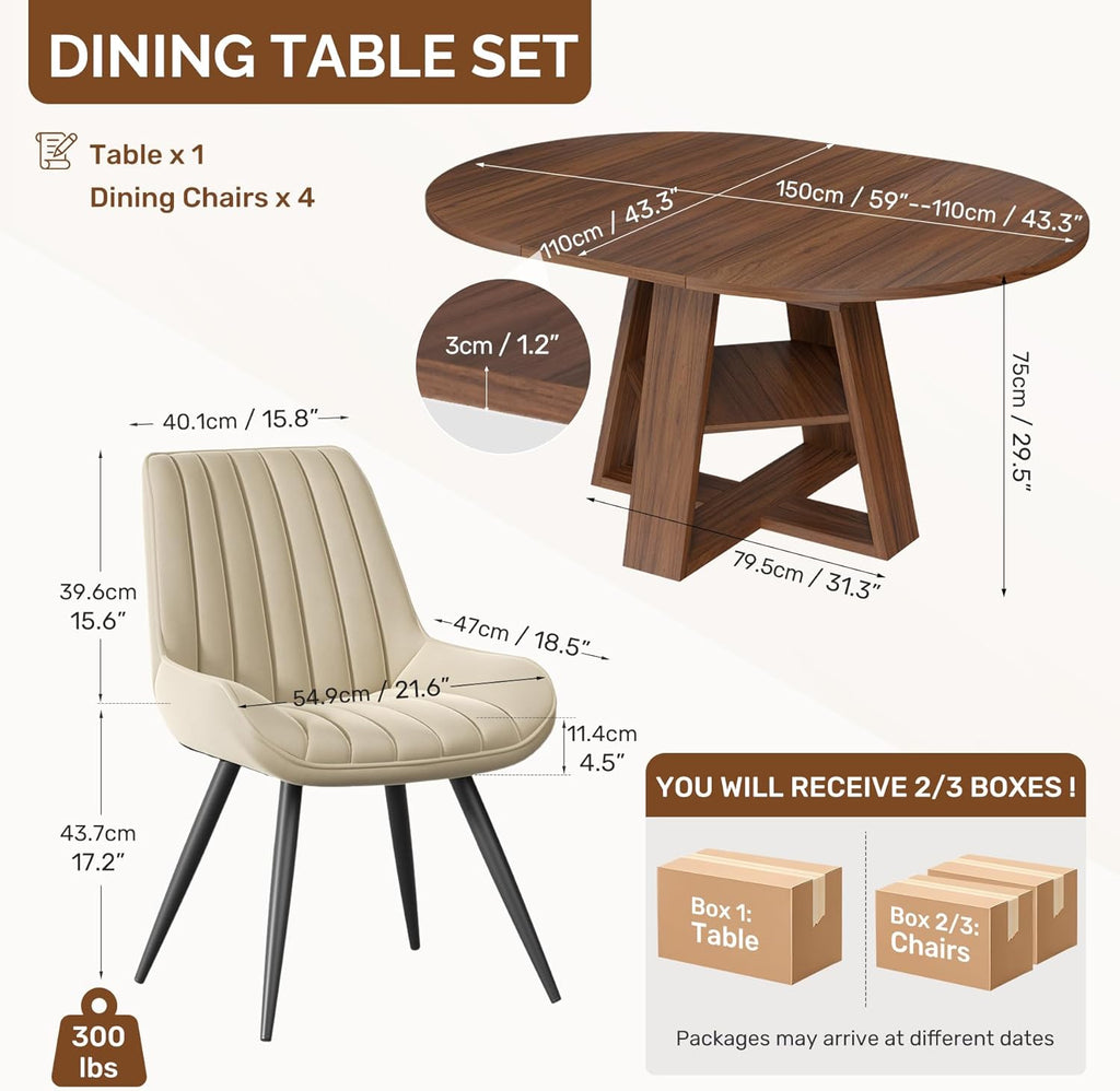Extendable Round Dining Table Set for 4-6, 5-Piece Oval Kitchen Table with Hidden Storage, Wooden Dining Table Set with Upholstered Chairs for Small Spaces, Apartment (Walnut Table, 4 Beige Chairs)
