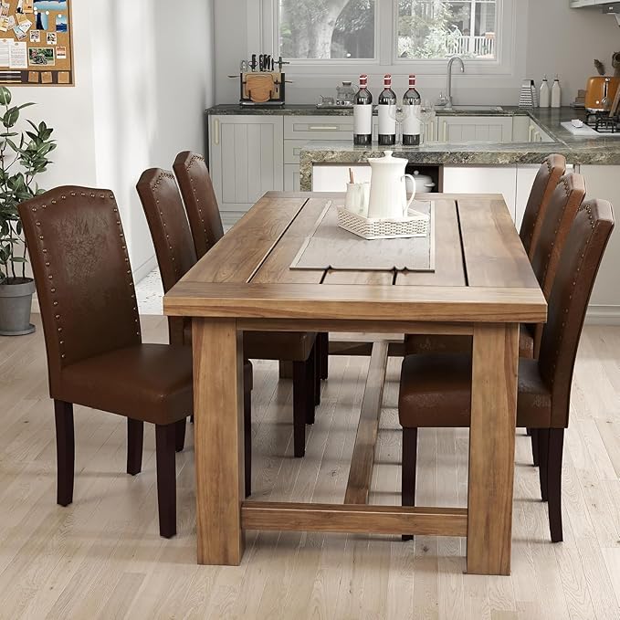 LSSBOUGHT PU Dining Chair Upholstered Parsons Kitchen Chair with Copper Nails and Solid Wood Legs for Dining Room,Restaurant (Brown, 4PCS)