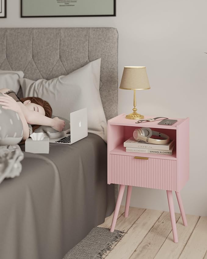 Nightstand,Modern Bedside Table with Storage Drawer and Open Wood Shelf, for ...