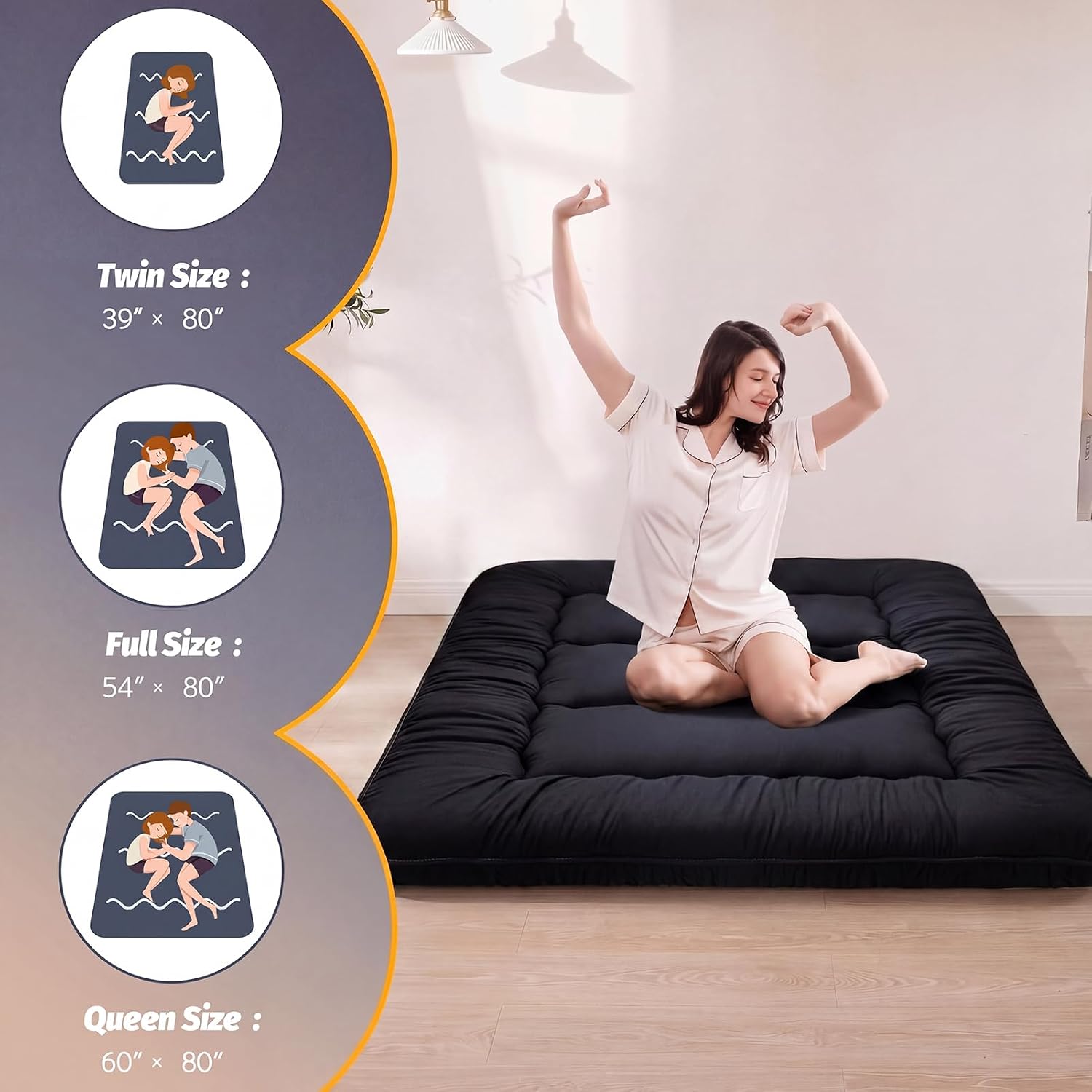 MAXYOYO 6" Extra Thick Japanese Floor Mattress Queen Folding Futon Mattress | Foldable Tatami Pad for Adults, Roll Up Floor Mat for Living Room Guest Room RV, Black