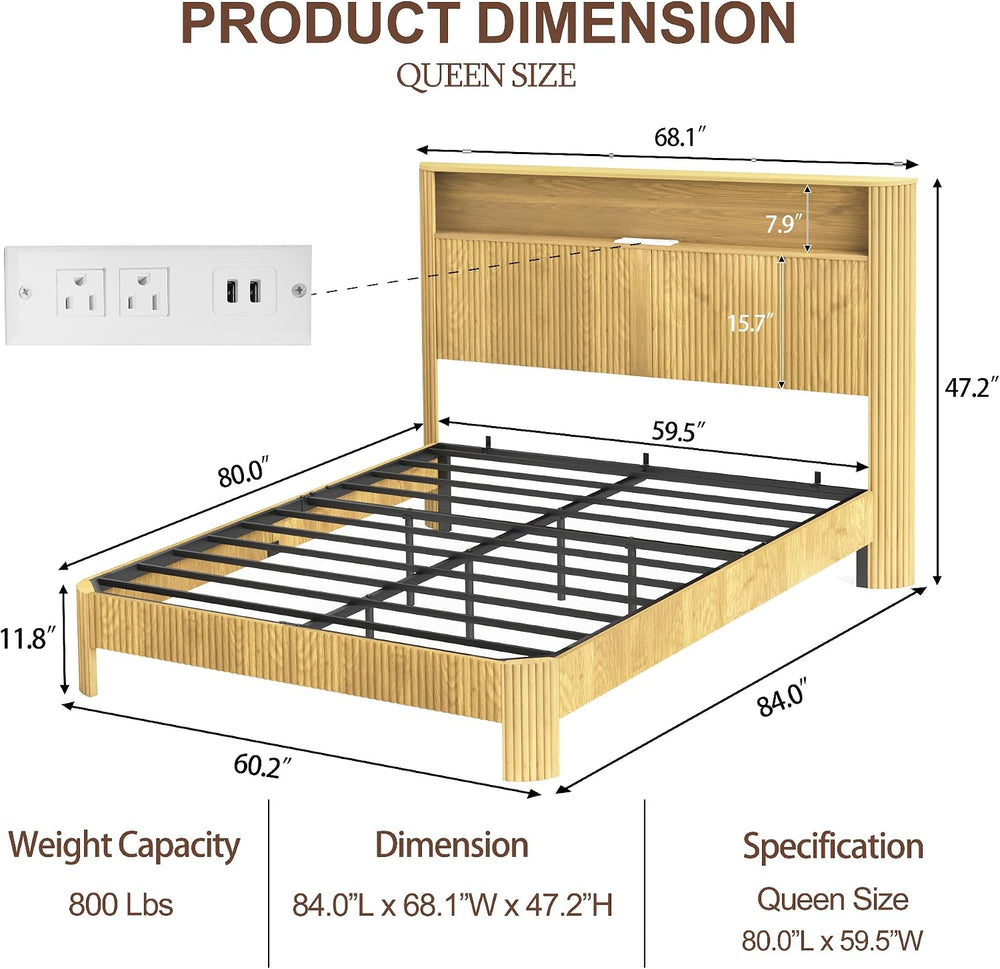 Peanu Queen Bed Frame, Storage Headboard, Charging Station, Silent, Natural