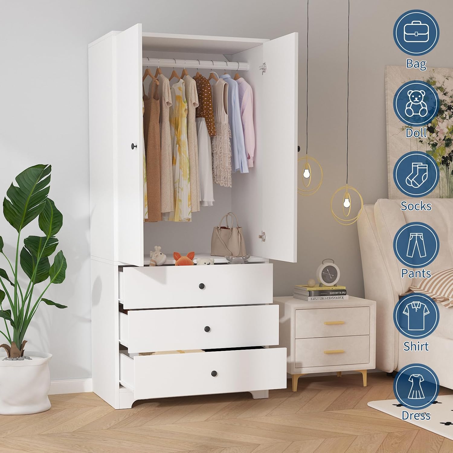 71" Armoire Wardrobe Closet, Bedroom Armoire Clothing Storage Cabinet | 3 Drawers & 2 Doors and Adjustable Shelves Modern Wooden with Aluminum Hanging Rod, Locker