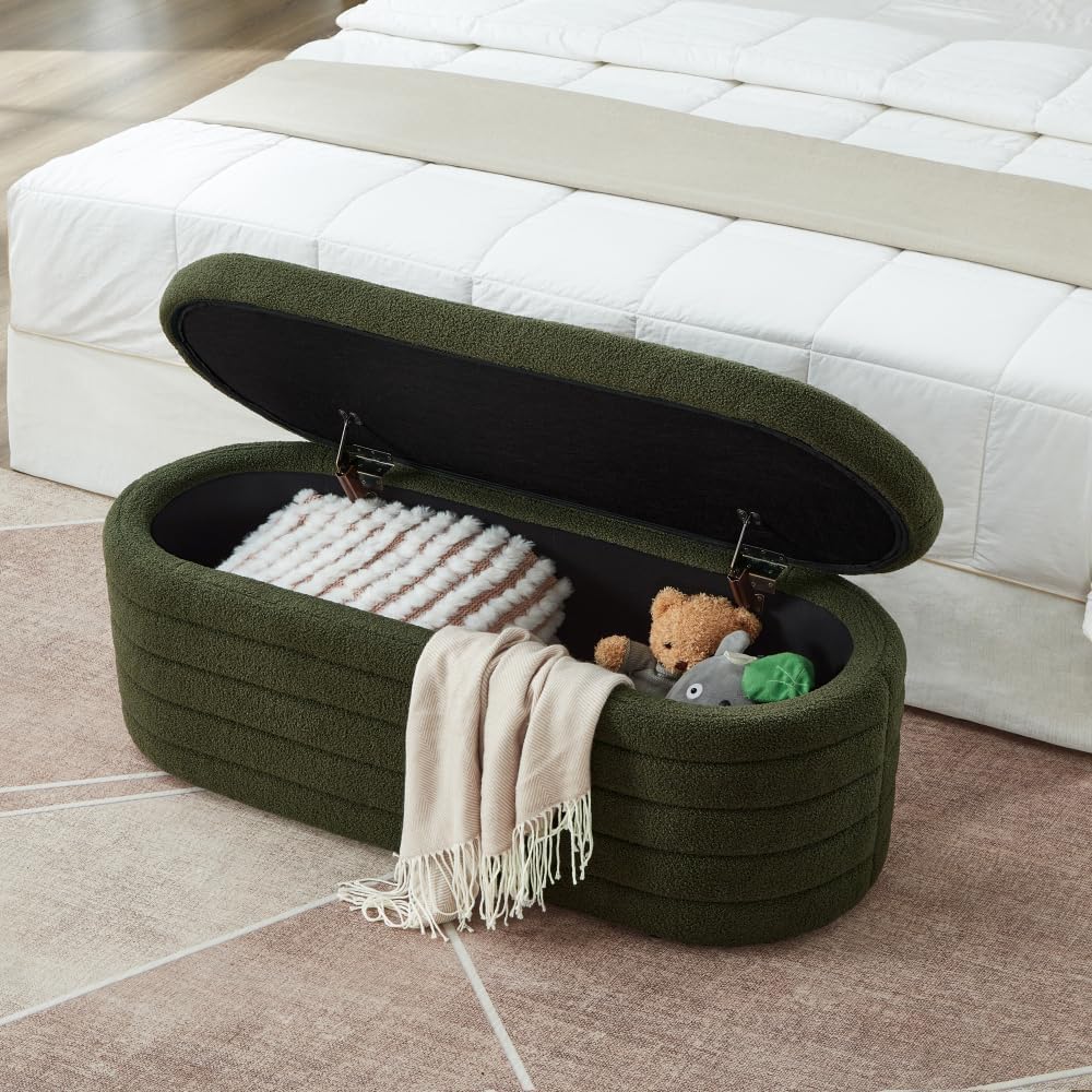 Modern Oval Storage Ottoman Bench, Upholstered Boucle Teddy Fabric End of Bed...