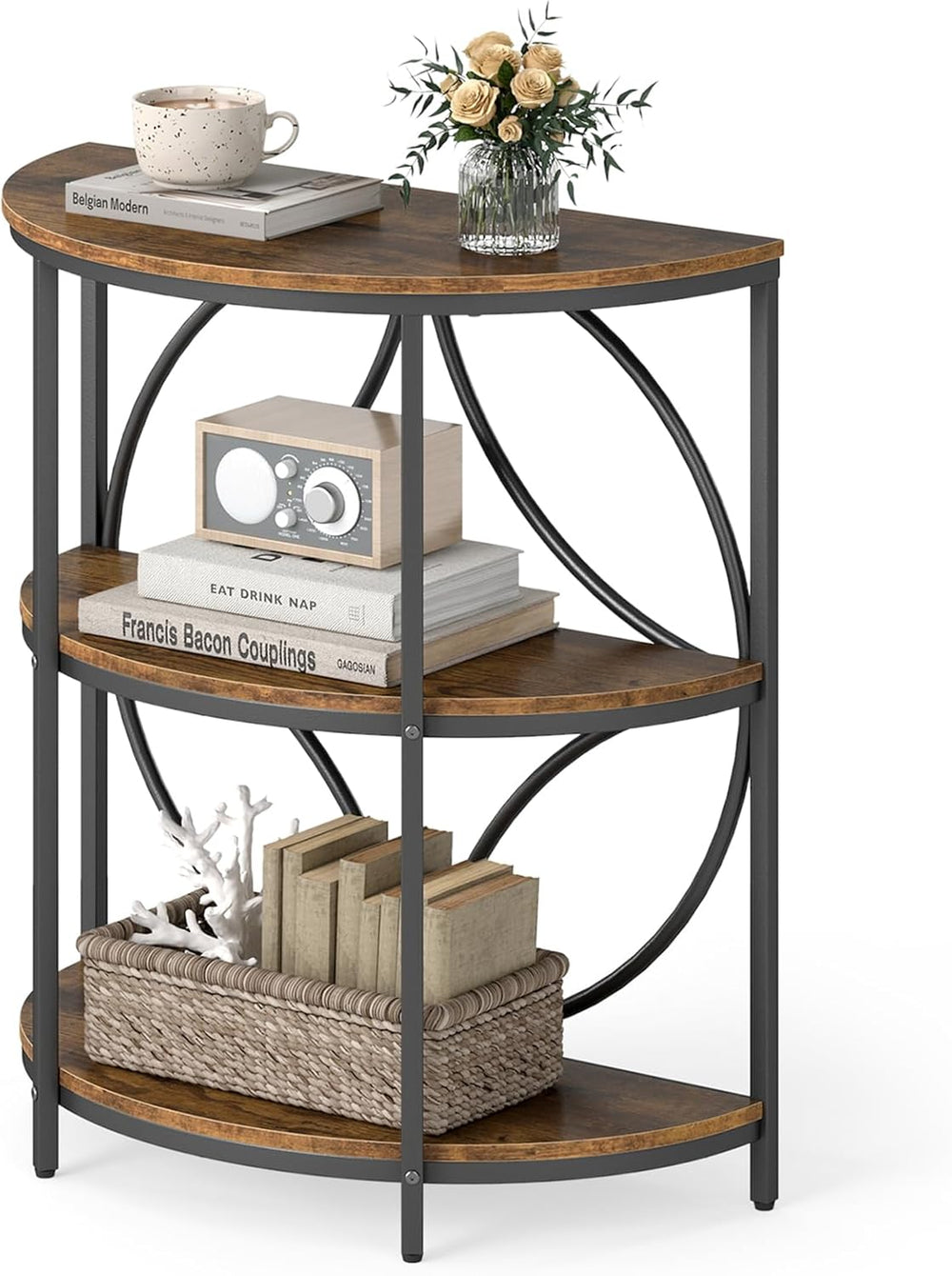 Giantex Half Round End Table - 3-Tier Narrow Sofa Side Table w/Study Metal Fr...