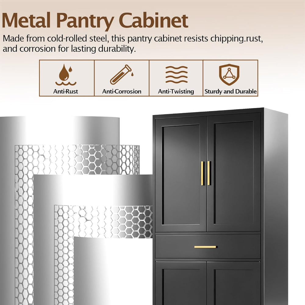 Kitchen Pantry Cabinet, 71”H Metal Storage Cabinet with 1 Drawer, Doors and 2...