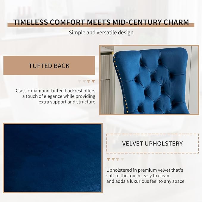 Mid Century Modern Dining Chairs Set of 2, Blue Velvet Upholstered Tufted Back, Kitchen & Dining Room Chairs, Gold Metal Legs, Nailhead Trim, Sillas para Comedor (Blue, 2 Pcs)