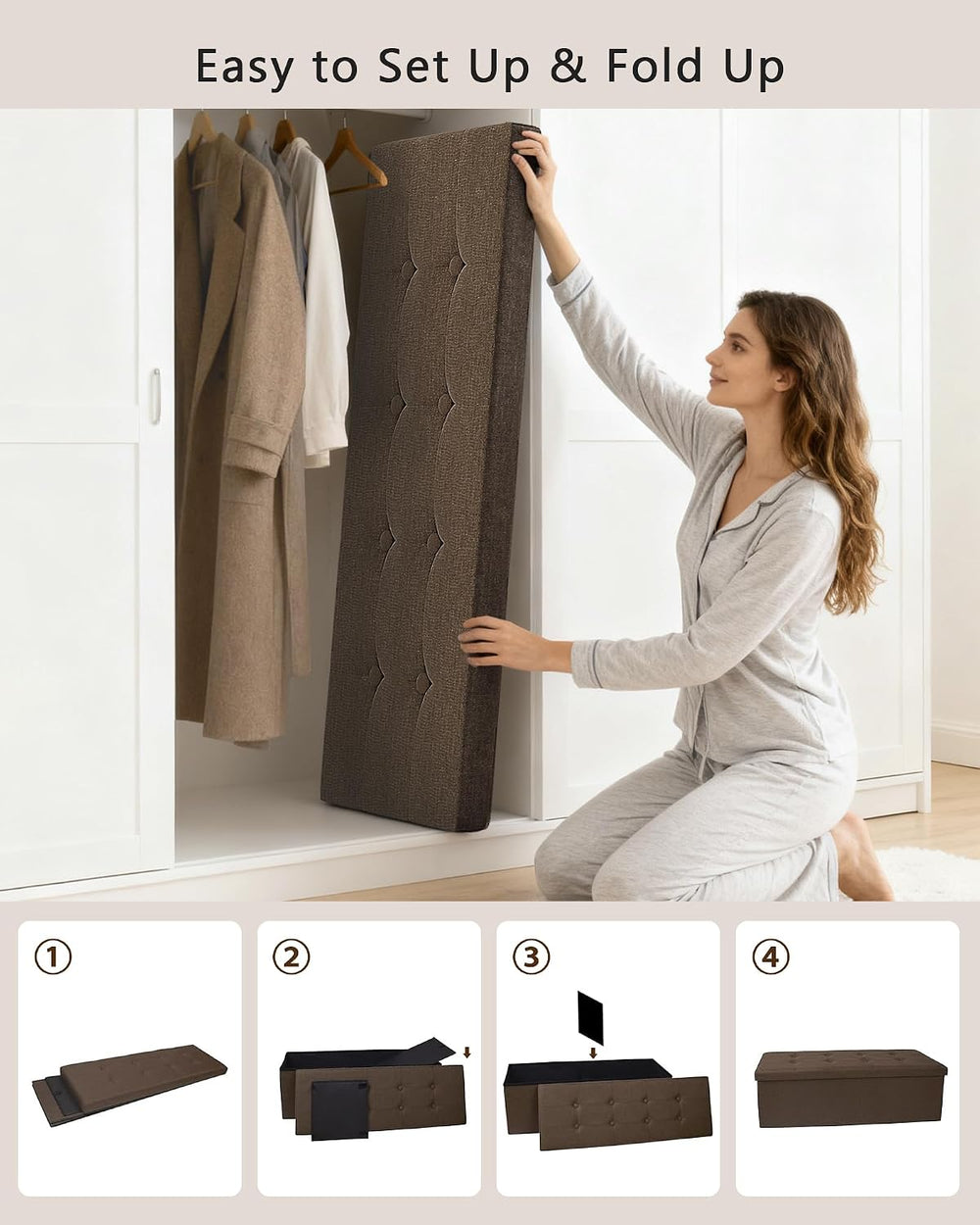 GLAXYFUR 43 Inches Folding Storage Ottoman Bench, Storage Chest, Brown | Otto...