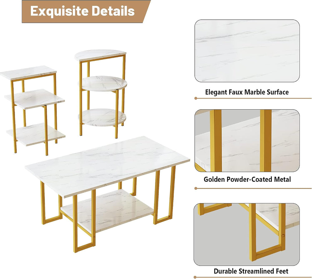 Coffee Table Set of 3, Faux Marble Coffee Table & 2pcs End Table with Met...