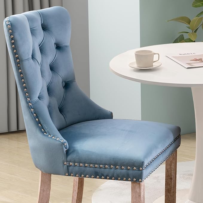 3-Pieces 31.5" Round Dining Table Set for 2, White Dining Table & 2 Velvet Upholstered Dining Chairs for Kitchen Dining Room Apartment Small Space(White Table & Sky Blue Chairs)