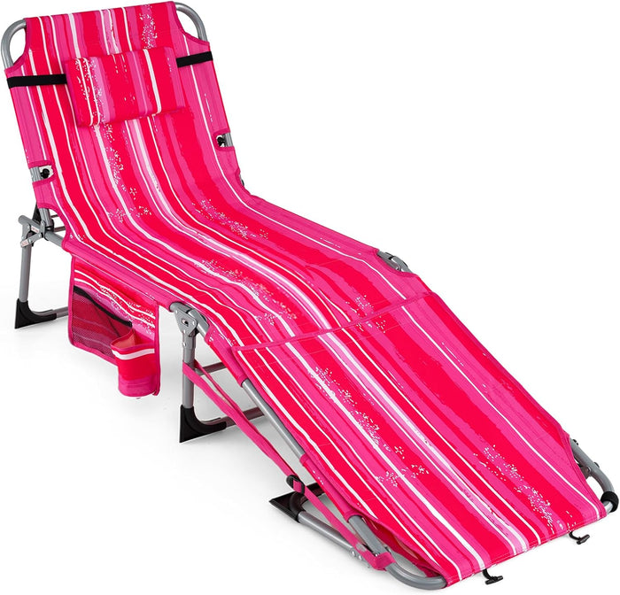 COSTWAY Tanning Chair with Face Hole, Folding Sun Bathing Lounge Chair with Armrest, Side Pocket & Protective Flap, Face Down Layout Chair for Beach, Patio, Pool, Outside (1, Pink+White)