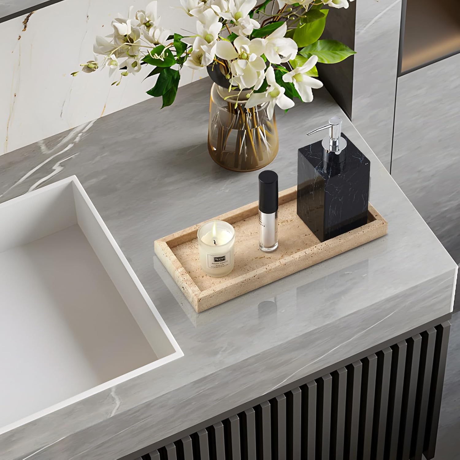 Real Natural Small Marble Tray for Bathroom, Vanity, Kitchen and Desktop, Rectangle Genuine Marble Stone Tray for Jewelry, Cosmetics, Candles, Lotion, Perfume and Home Decor