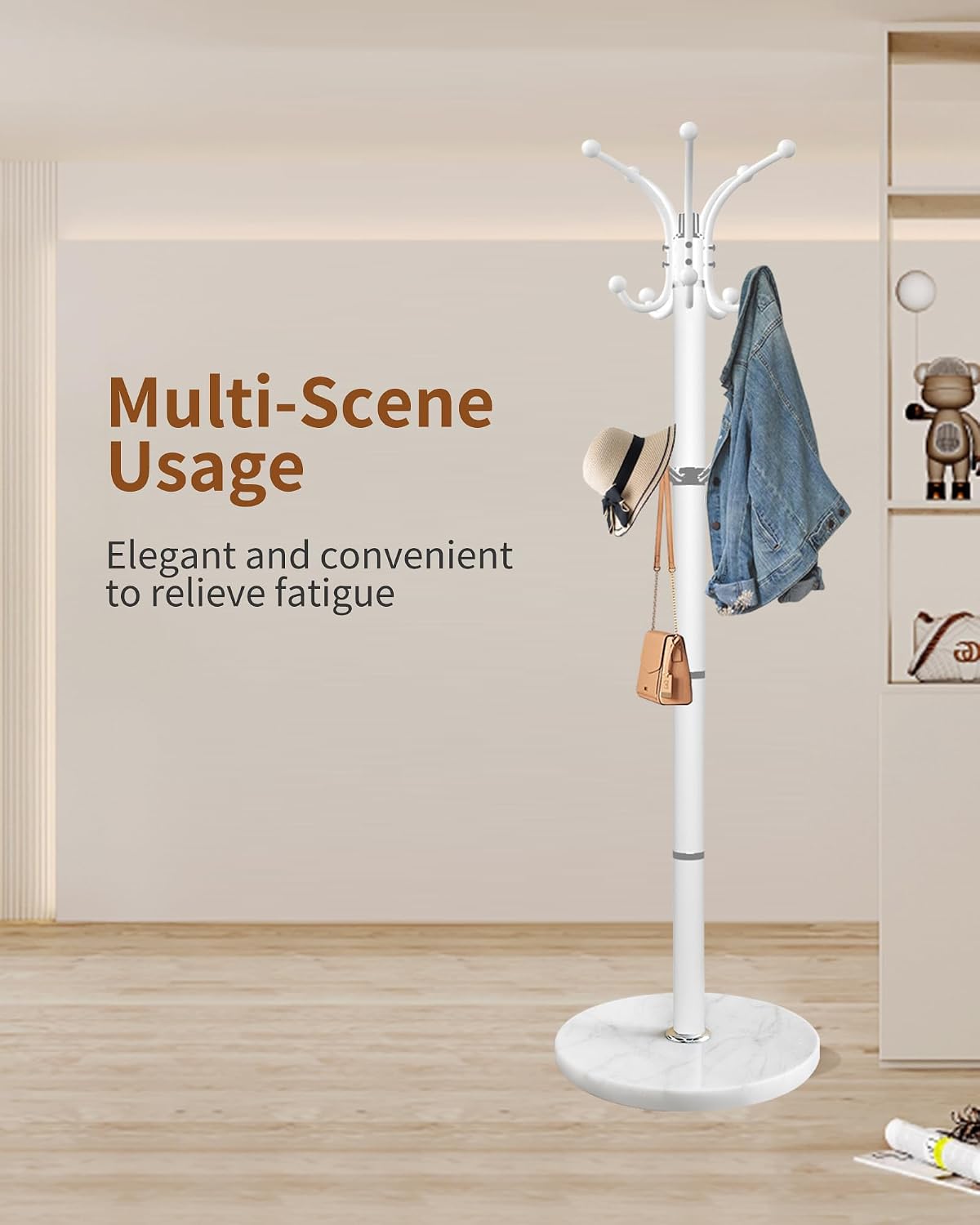 Snaikor Metal Coat Rack Stand with Natural Marble Base, Modern Coat Rack Freestanding, 360°Rotary Coat Racks with 14 Hooks, Heavy Duty Coat Hall Tree Hanger Stand for Entryway, Office