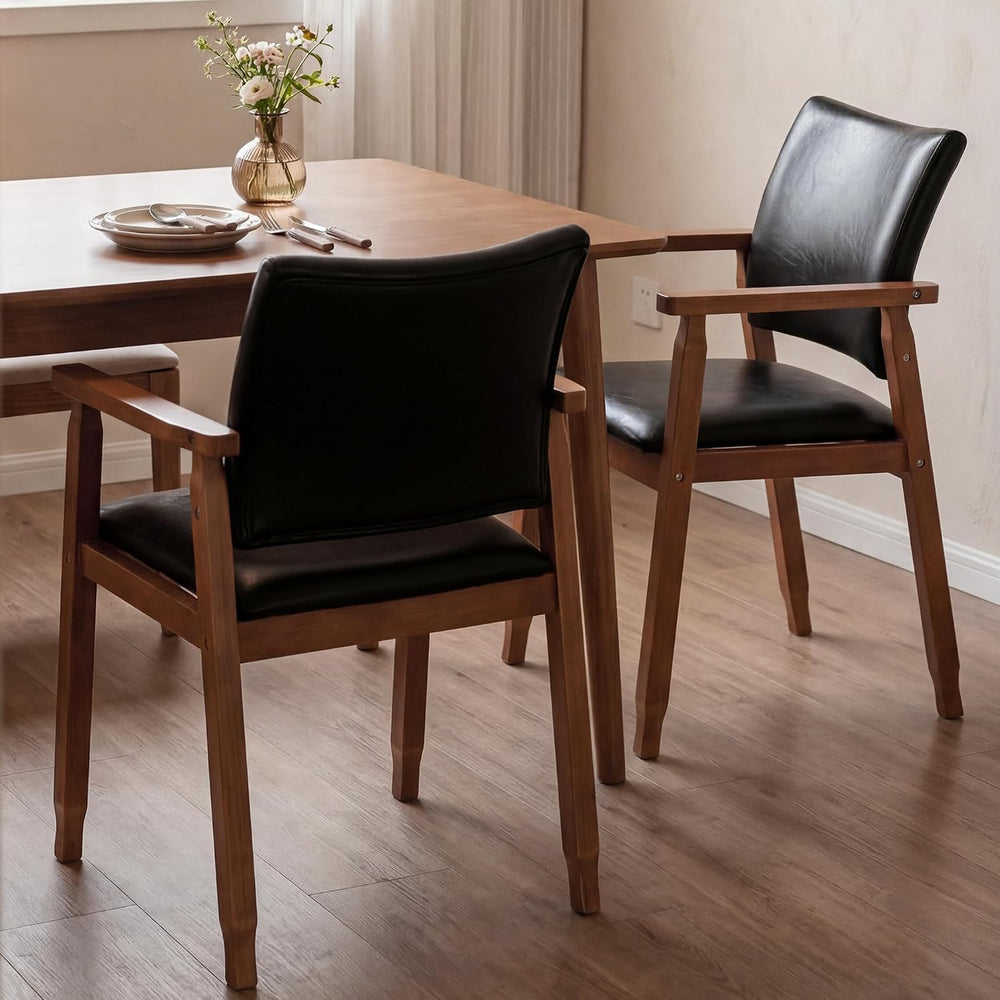Dining Chairs with Arms Set of 4, Wood Frame Faux Leather Kitchen Chairs, Com...