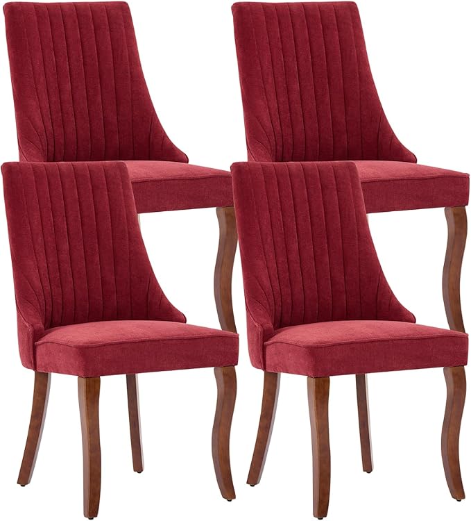 Linen Dining Chairs Set of 4，Fabric Channel Tufted Kitchen Chairs, Upholstered Accent Chairs with Curved Solid Wood Legs, Comfortable Dining Chair for Dining Room, (Burgundy, 4pc)