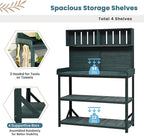 Merax 65" Large Wooden Farmhouse Rustic Outdoor Potting Bench Table with 4 Storage Shelves and Side Hook, Patio Workstation, for Garden, Backyard, Forest Green