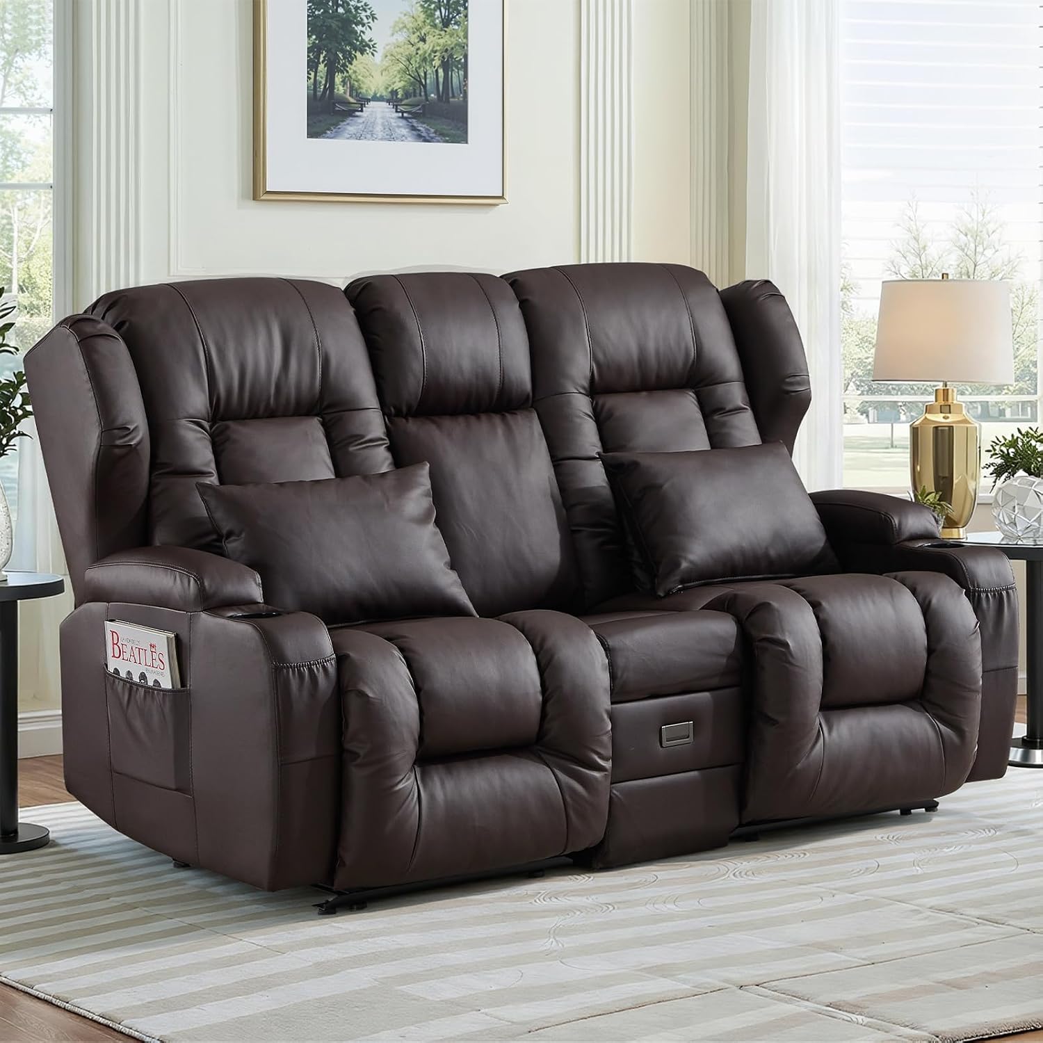 Loveseat Recliner Sofa,RV Wall Hugger Recliners with Flip-up Console,Reclining Loveseat Sofa Recliner with Cup Holders/Lumbar Pillows for Small Spaces,RV Furniture (PU Brown, 68" 2-Seater)