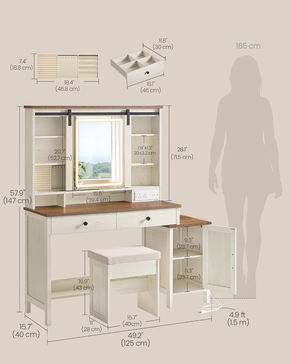 VASAGLE Farmhouse Vanity Desk with Mirror and Lights, Stool, 2 Drawers | Make...