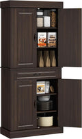 71" Freestanding Kitchen Pantry with 4 Doors, and 2 Large Cabinets, Tall Storage Cabinet with Wide Drawer for Dining Room, Coffee