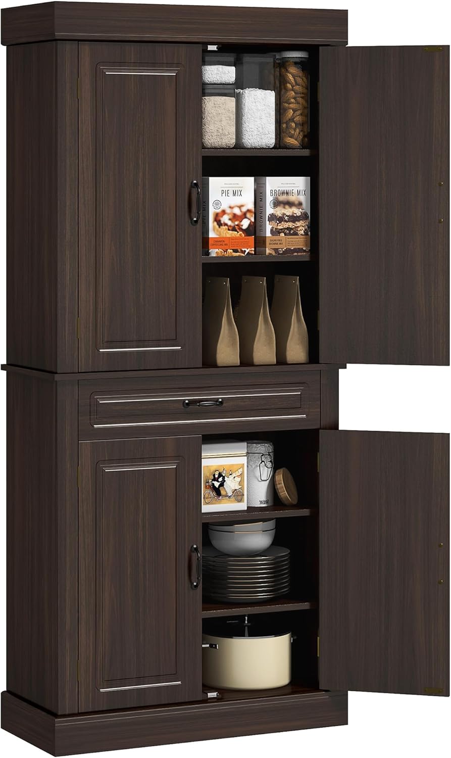 71" Freestanding Kitchen Pantry with 4 Doors, and 2 Large Cabinets, Tall Storage Cabinet with Wide Drawer for Dining Room, Coffee