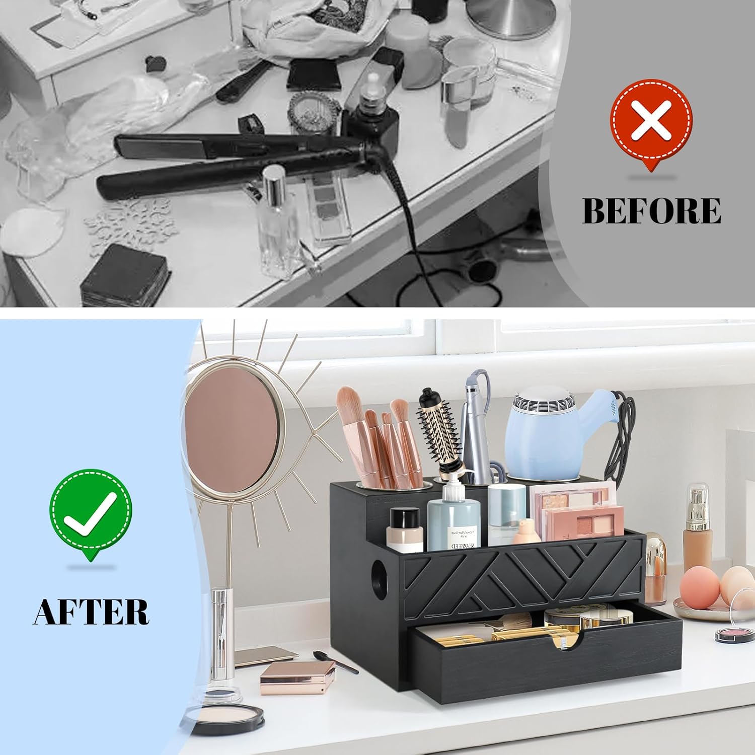 Hair Tool Organizer, Hair Dryer Holder with Drawer, Bathroom Countertop Organizer for Bathroom Accessories, Blow Dryer Organizer for Hair Styling Tools, Vanity Organizer for Bathroom, Vanity, Kitchen