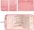 Voova Travel Jewelry Holder Organizer Case, Large Jewelry Storage Bag for Women Girls, Foldable Traveling Jewellery Pouch Roll for Necklaces Rings Earrings Bracelets, Pink