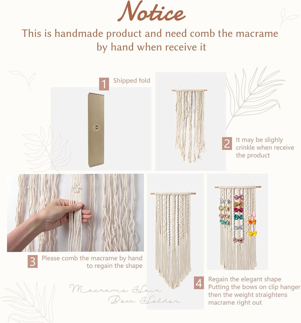 Mkono Macrame Bow Holder Hanging Hair Bow Organizer for Girls Hair Bows,Boho Wall Hair Clips Headband Storage Hanger for Baby Toddler Girls Room, Ivory (Clips and Other Props Not Included)