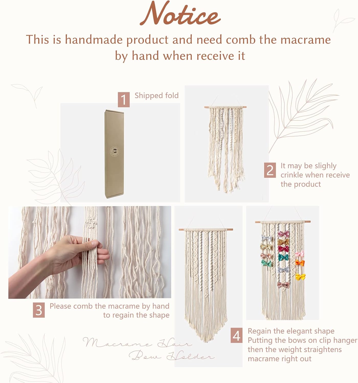 Mkono Macrame Bow Holder Hanging Hair Bow Organizer for Girls Hair Bows,Boho Wall Hair Clips Headband Storage Hanger for Baby Toddler Girls Room, Ivory (Clips and Other Props Not Included)