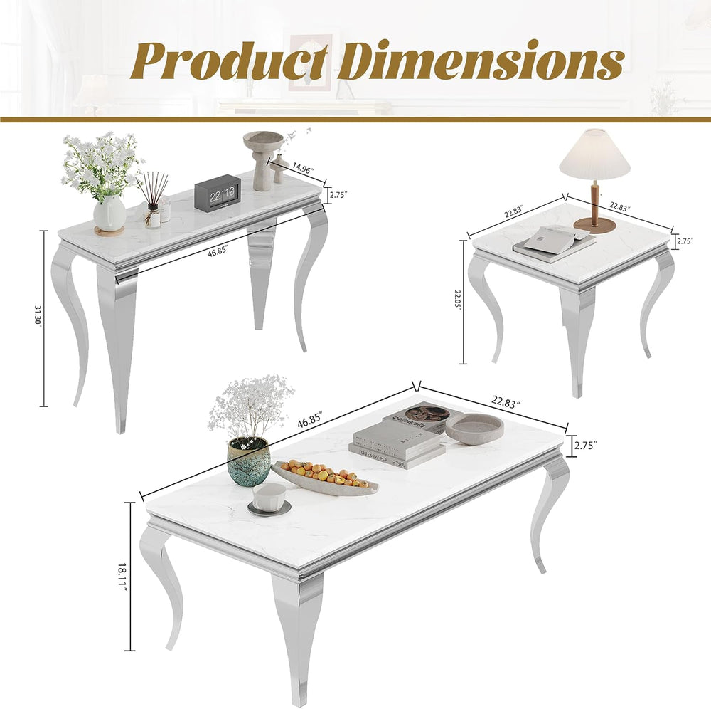 3 Piece Marble Living Room Table Set with 1 Coffee Table, 1 Console Sofa Tabl...