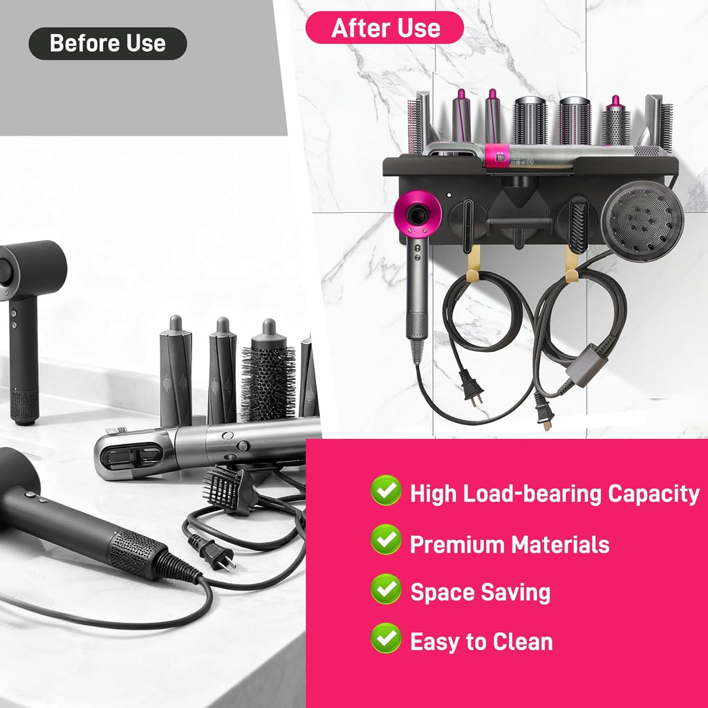 Wall Mount Hair Holder Compatible With Dyson Airwrap and Hair Dryer, Upgraded 2-in-1 Magnetic Dryer Holder Fit for Accessories Nozzles Barrels Brushes