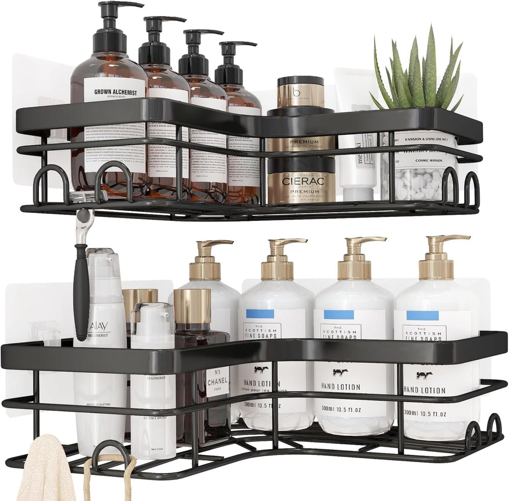 Corner Shower Caddy - 2 Pack, Adhesive Shower Organizers, Rustproof Stainless Steel Shower Shelves with 8 Hooks, No Drilling Bathroom Organizers and Storage Racks, Space-Saving, Black, X-Large